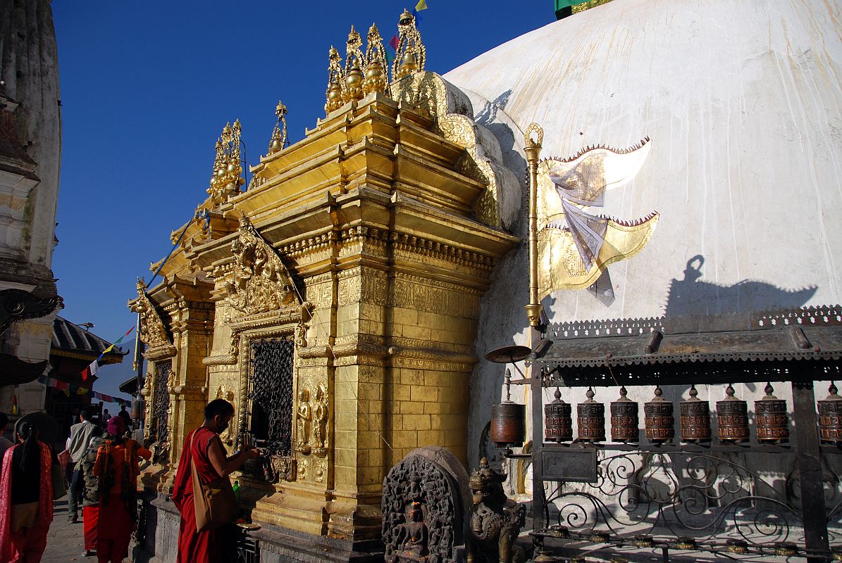 Kathmandu Swayambhunath 21 Monk At Mesh With Akshobhya East Dhyani Buddha Inside At Top Of Stairs 